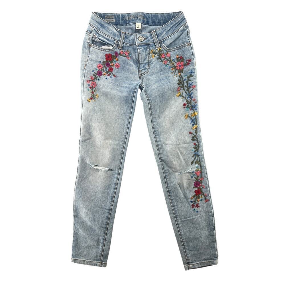Cherokee Girls Floral Embroidered Skinny Jeans Size 8 Boho Y2K Denim